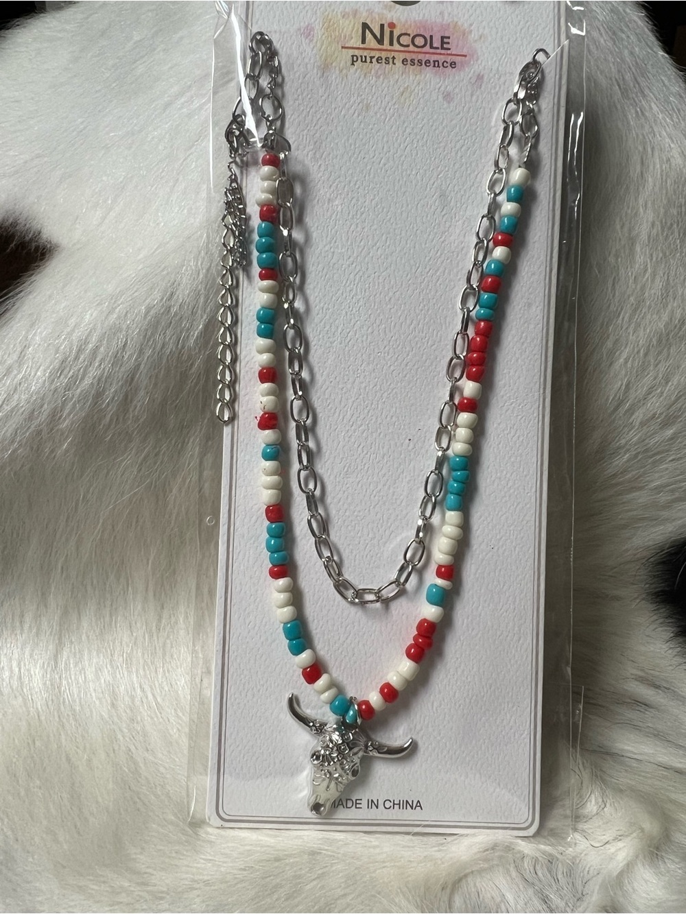Nicole Red Turquoise White Beaded Double-Layer Necklace with Bull Charm